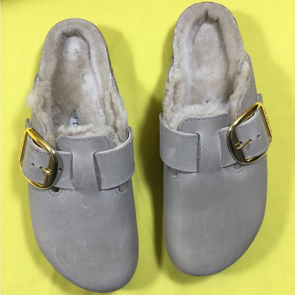 Birkenstock Boston Big Buckle Shearling Taupe Faux-Fur lined Clog SZ 40 - Picture 3 of 11